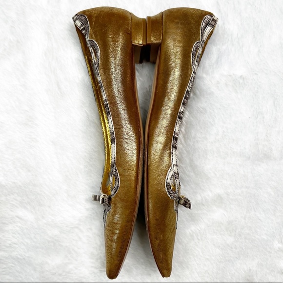 Miu Miu Gold Metallic Leather Pointed Toe Ballet Flats Snake Print Trim 38.5 - Picture 8 of 15